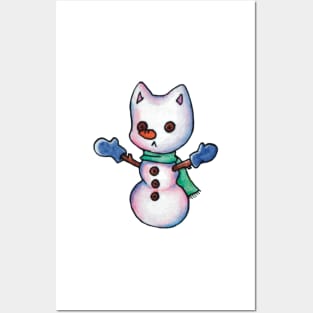 snowman cat illustration winter Posters and Art